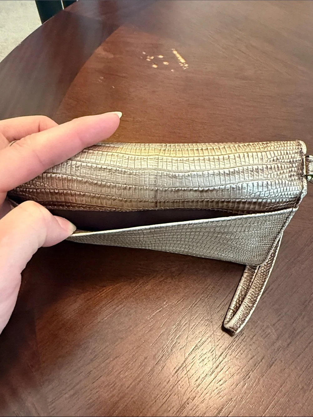 Brahmin Champagne Metallic Lizard-Embossed Wristlet Clutch